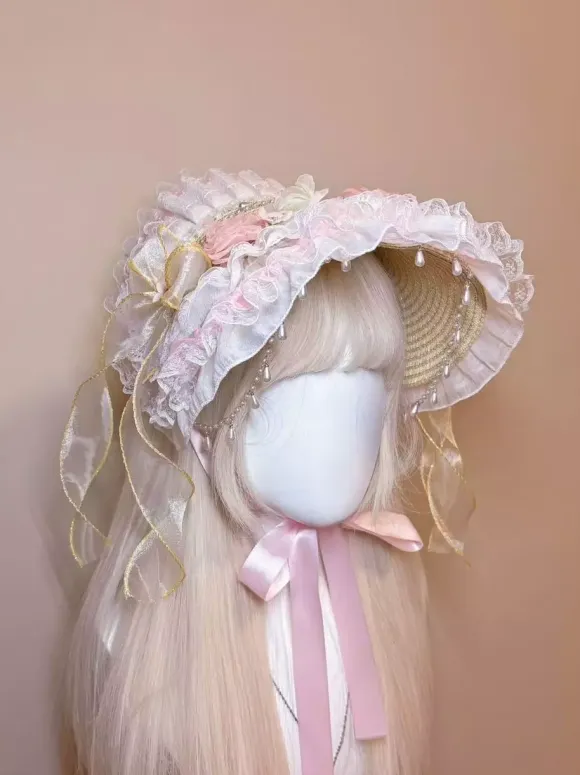 Lolita Bonnet Headdress Accessories Light Pink Flowers Hairband Hat