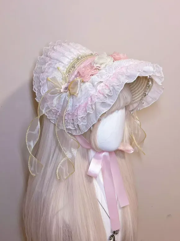 Lolita Bonnet Headdress Accessories Light Pink Flowers Hairband Hat