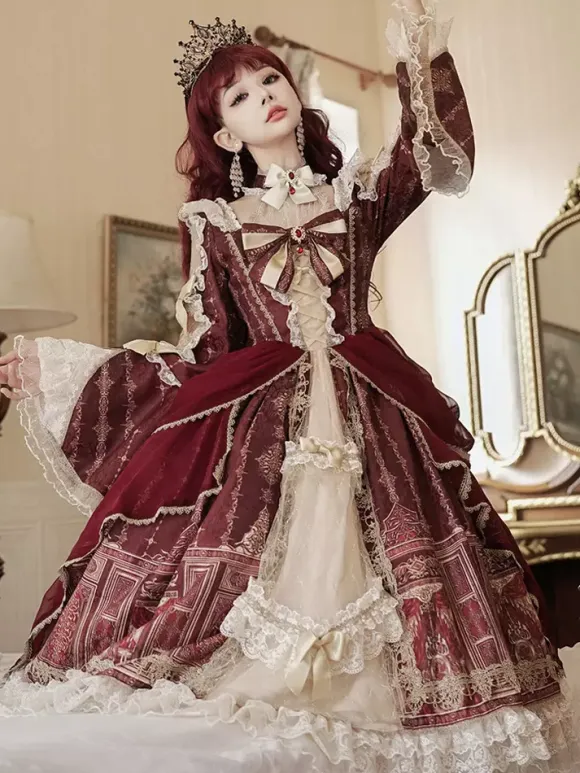 Lolita Dress Baroque Palace Series Retro Wine Red Gorgeous Elegant Royal Dress Square Collar Lace Ribbon Bowknot