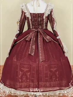 Lolita Dress Baroque Palace Series Retro Wine Red Gorgeous Elegant Royal Dress Square Collar Lace Ribbon Bowknot