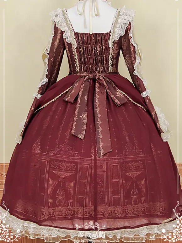Lolita Dress Baroque Palace Series Retro Wine Red Gorgeous Elegant Royal Dress Square Collar Lace Ribbon Bowknot