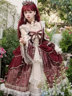Lolita Dress Baroque Palace Series Retro Wine Red Gorgeous Elegant Royal Dress Square Collar Lace Ribbon Bowknot