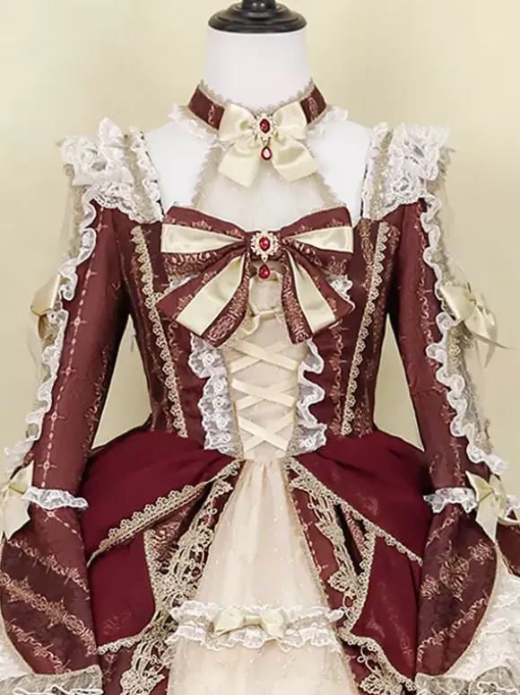 Lolita Dress Baroque Palace Series Retro Wine Red Gorgeous Elegant Royal Dress Square Collar Lace Ribbon Bowknot