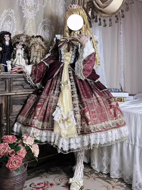 Lolita Dress Baroque Palace Series Retro Wine Red Gorgeous Elegant Royal Dress Square Collar Lace Ribbon Bowknot