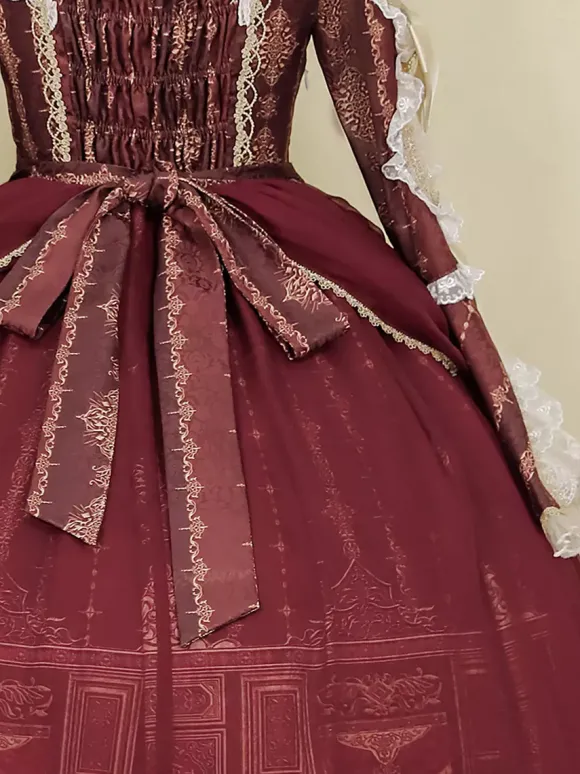 Lolita Dress Baroque Palace Series Retro Wine Red Gorgeous Elegant Royal Dress Square Collar Lace Ribbon Bowknot