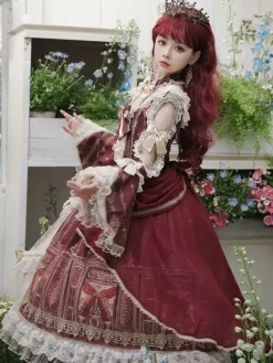 Lolita Dress Baroque Palace Series Retro Wine Red Gorgeous Elegant Royal Dress Square Collar Lace Ribbon Bowknot