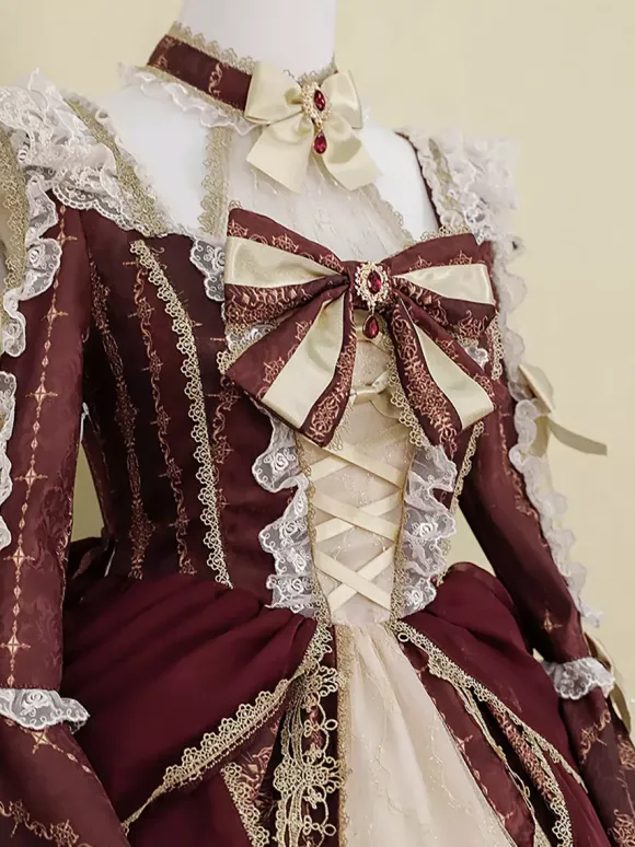 Lolita Dress Baroque Palace Series Retro Wine Red Gorgeous Elegant Royal Dress Square Collar Lace Ribbon Bowknot