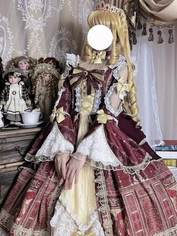 Lolita Dress Baroque Palace Series Retro Wine Red Gorgeous Elegant Royal Dress Square Collar Lace Ribbon Bowknot