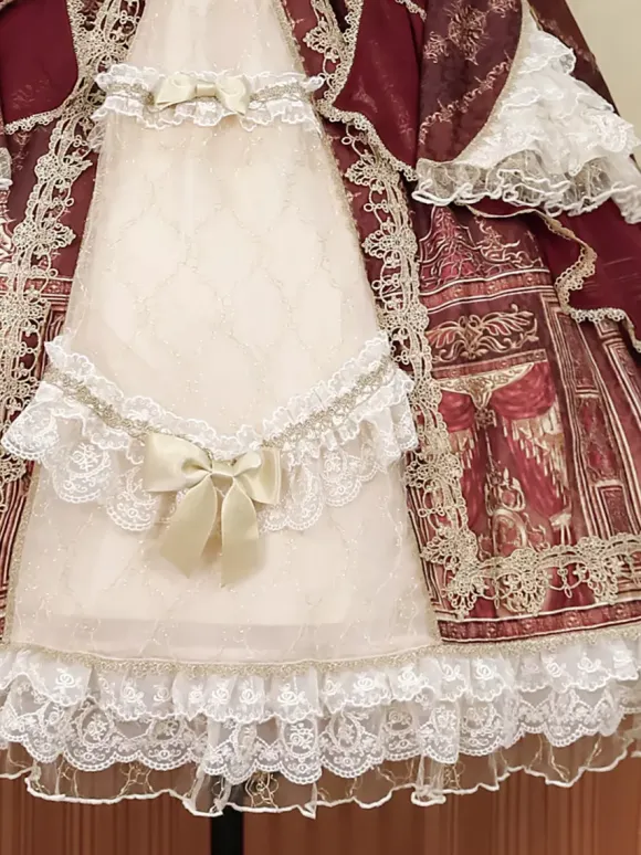 Lolita Dress Baroque Palace Series Retro Wine Red Gorgeous Elegant Royal Dress Square Collar Lace Ribbon Bowknot