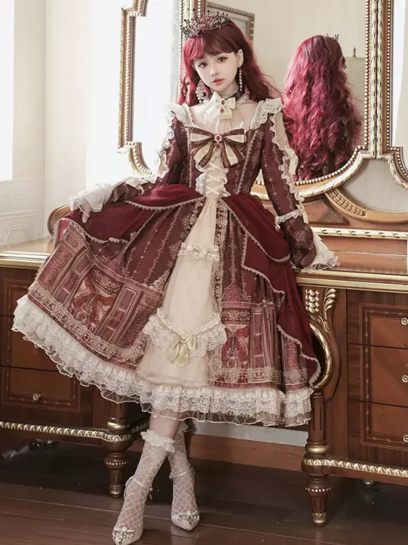 Lolita Dress Baroque Palace Series Retro Wine Red Gorgeous Elegant Royal Dress Square Collar Lace Ribbon Bowknot