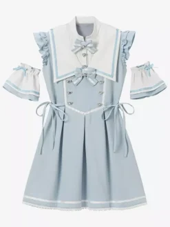 Lolita Dress Ribbon Buttons Sleeveless Lace Trim Dress Subculture Uniform
