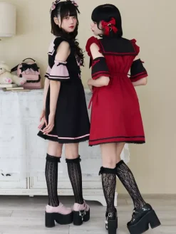 Lolita Dress Ribbon Buttons Sleeveless Lace Trim Dress Subculture Uniform