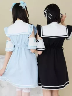 Lolita Dress Ribbon Buttons Sleeveless Lace Trim Dress Subculture Uniform
