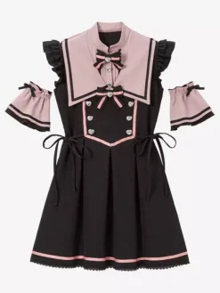 Lolita Dress Ribbon Buttons Sleeveless Lace Trim Dress Subculture Uniform