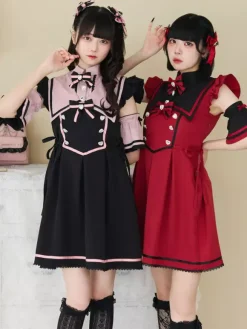 Lolita Dress Ribbon Buttons Sleeveless Lace Trim Dress Subculture Uniform