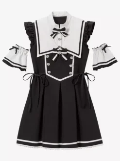 Lolita Dress Ribbon Buttons Sleeveless Lace Trim Dress Subculture Uniform