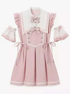 Lolita Dress Ribbon Buttons Sleeveless Lace Trim Dress Subculture Uniform