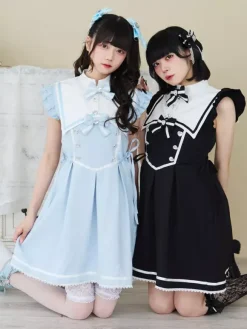 Lolita Dress Ribbon Buttons Sleeveless Lace Trim Dress Subculture Uniform