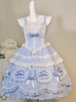Lolita Dresses Tea party style Lolita skirt Bows Sleeveless Polyester Sweet Floral Print Light Sky Blue