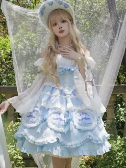 Lolita Dresses Tea party style Lolita skirt Bows Sleeveless Polyester Sweet Floral Print Light Sky Blue