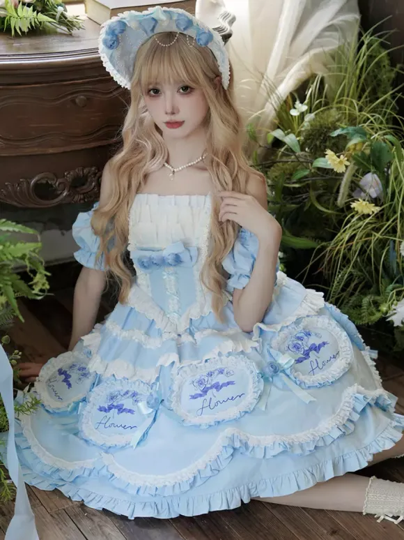 Lolita Dresses Tea party style Lolita skirt Bows Sleeveless Polyester Sweet Floral Print Light Sky Blue