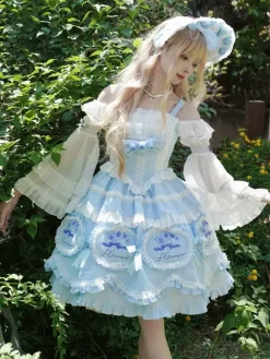 Lolita Dresses Tea party style Lolita skirt Bows Sleeveless Polyester Sweet Floral Print Light Sky Blue