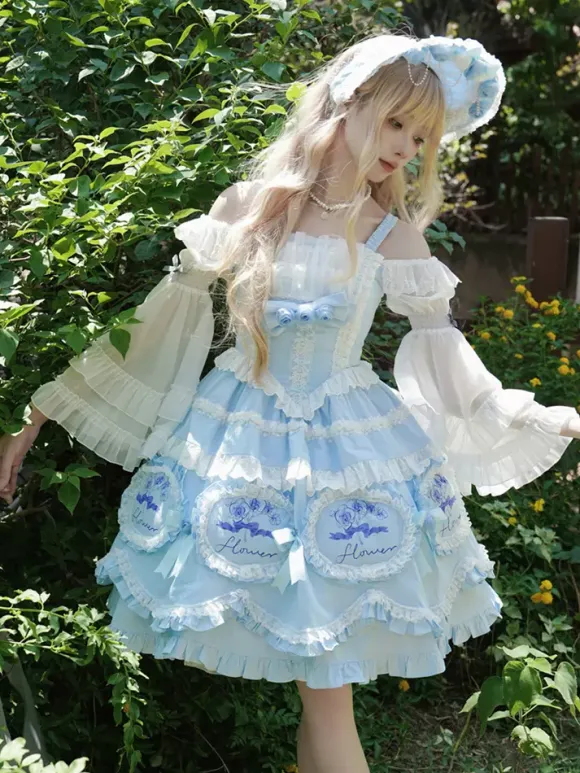 Lolita Dresses Tea party style Lolita skirt Bows Sleeveless Polyester Sweet Floral Print Light Sky Blue