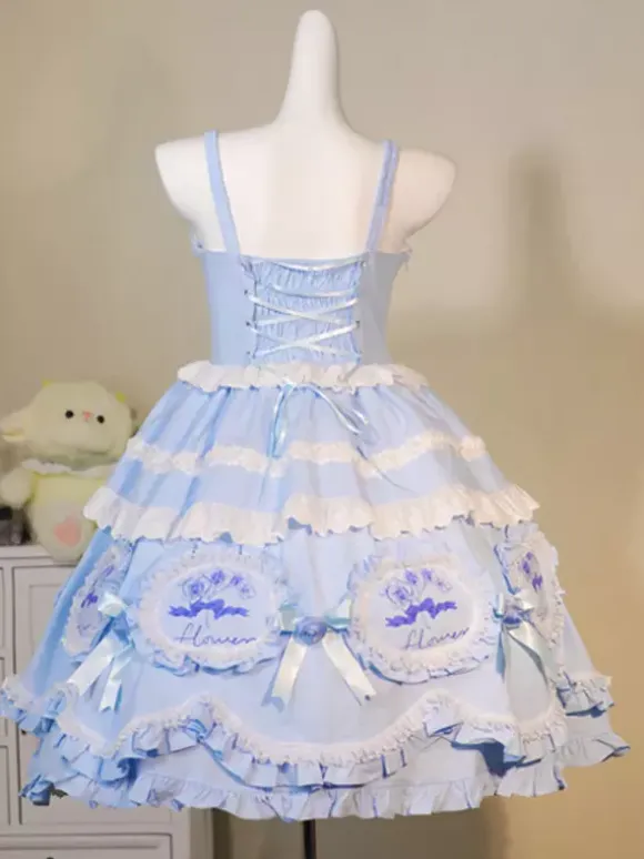 Lolita Dresses Tea party style Lolita skirt Bows Sleeveless Polyester Sweet Floral Print Light Sky Blue