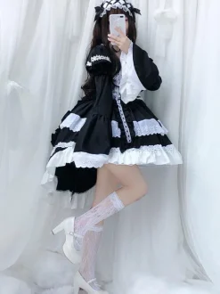 lolita OP dress Maid Two-Tone Black Ruffles Lolita One-Piece Dresses
