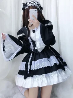 lolita OP dress Maid Two-Tone Black Ruffles Lolita One-Piece Dresses