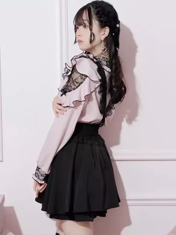 Lolita Shirt Lace Round Collar Ruffles Long Sleeves Ribbon Decorate Blouse