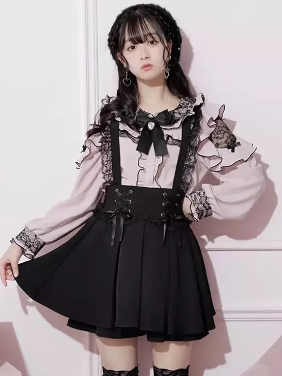 Lolita Shirt Lace Round Collar Ruffles Long Sleeves Ribbon Decorate Blouse