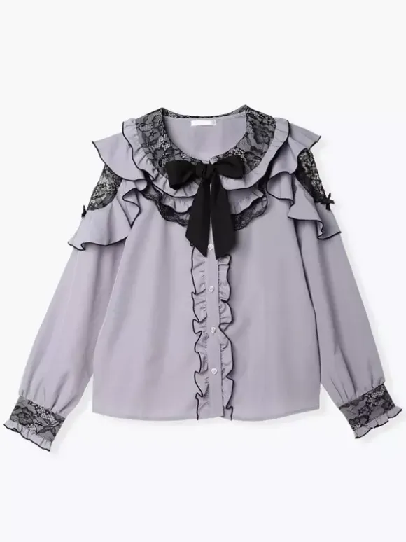 Lolita Shirt Lace Round Collar Ruffles Long Sleeves Ribbon Decorate Blouse
