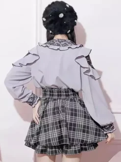 Lolita Shirt Lace Round Collar Ruffles Long Sleeves Ribbon Decorate Blouse