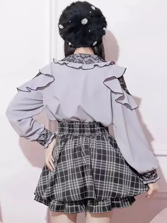 Lolita Shirt Lace Round Collar Ruffles Long Sleeves Ribbon Decorate Blouse