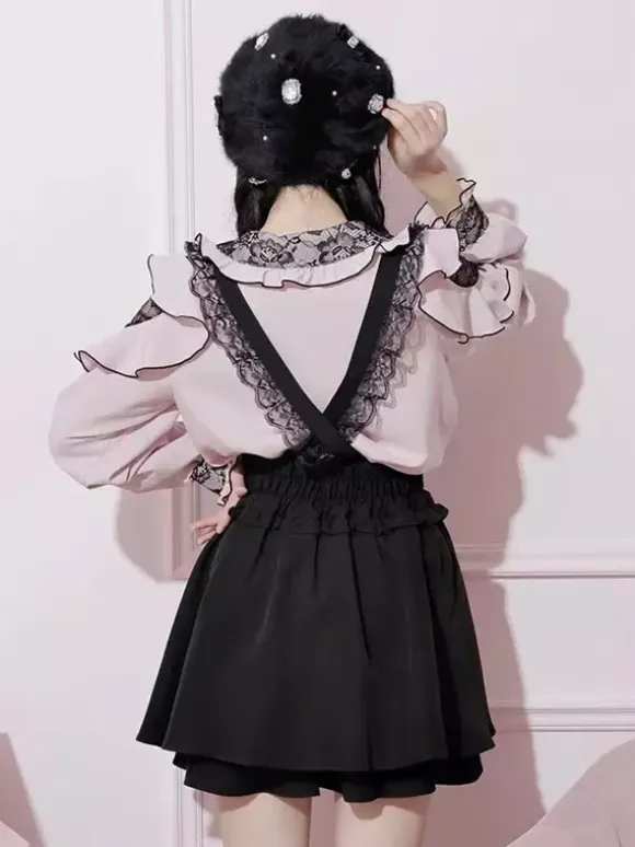 Lolita Shirt Lace Round Collar Ruffles Long Sleeves Ribbon Decorate Blouse