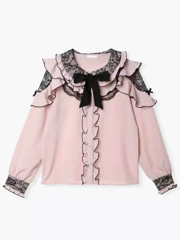 Lolita Shirt Lace Round Collar Ruffles Long Sleeves Ribbon Decorate Blouse