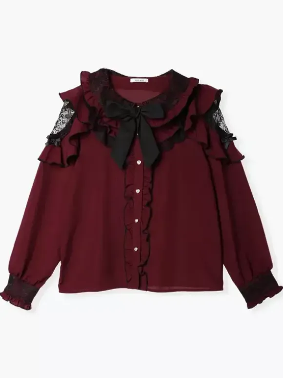 Lolita Shirt Lace Round Collar Ruffles Long Sleeves Ribbon Decorate Blouse