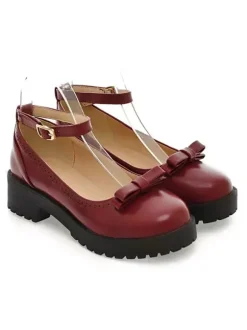 Lolita Shoes Burgundy Bows Round Toe Leather Ankle Strap Lolita Pump Shoes