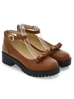 Lolita Shoes Burgundy Bows Round Toe Leather Ankle Strap Lolita Pump Shoes