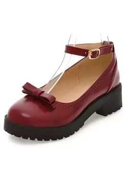Lolita Shoes Burgundy Bows Round Toe Leather Ankle Strap Lolita Pump Shoes