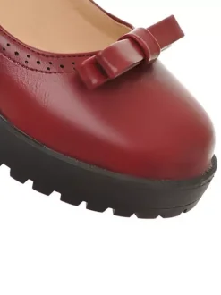 Lolita Shoes Burgundy Bows Round Toe Leather Ankle Strap Lolita Pump Shoes