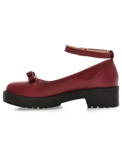 Lolita Shoes Burgundy Bows Round Toe Leather Ankle Strap Lolita Pump Shoes