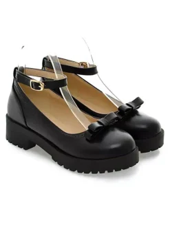 Lolita Shoes Burgundy Bows Round Toe Leather Ankle Strap Lolita Pump Shoes