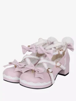 Lolita Shoes Pink Sweet Chunky Heel Leather Bowknot Mary Janes Kawaii Lolita Footwear