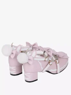 Lolita Shoes Pink Sweet Chunky Heel Leather Bowknot Mary Janes Kawaii Lolita Footwear