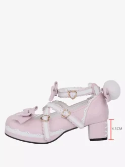 Lolita Shoes Pink Sweet Chunky Heel Leather Bowknot Mary Janes Kawaii Lolita Footwear