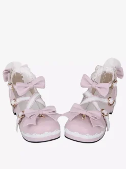 Lolita Shoes Pink Sweet Chunky Heel Leather Bowknot Mary Janes Kawaii Lolita Footwear
