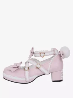 Lolita Shoes Pink Sweet Chunky Heel Leather Bowknot Mary Janes Kawaii Lolita Footwear