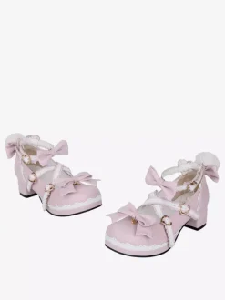Lolita Shoes Pink Sweet Chunky Heel Leather Bowknot Mary Janes Kawaii Lolita Footwear